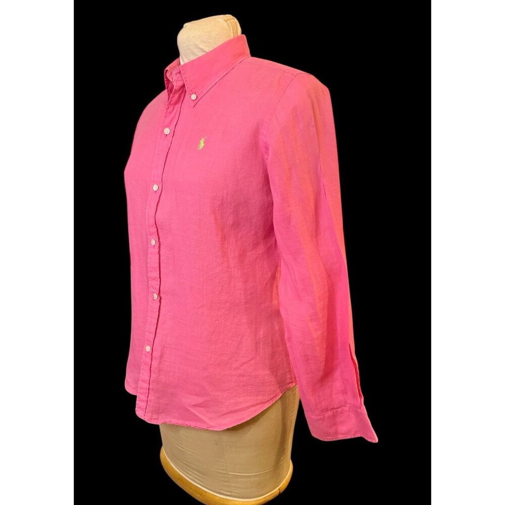 Ralph Lauren Slim Fit Bamboo Pink Button Down Women's 12 Green Pony Rare - Picture 6 of 12